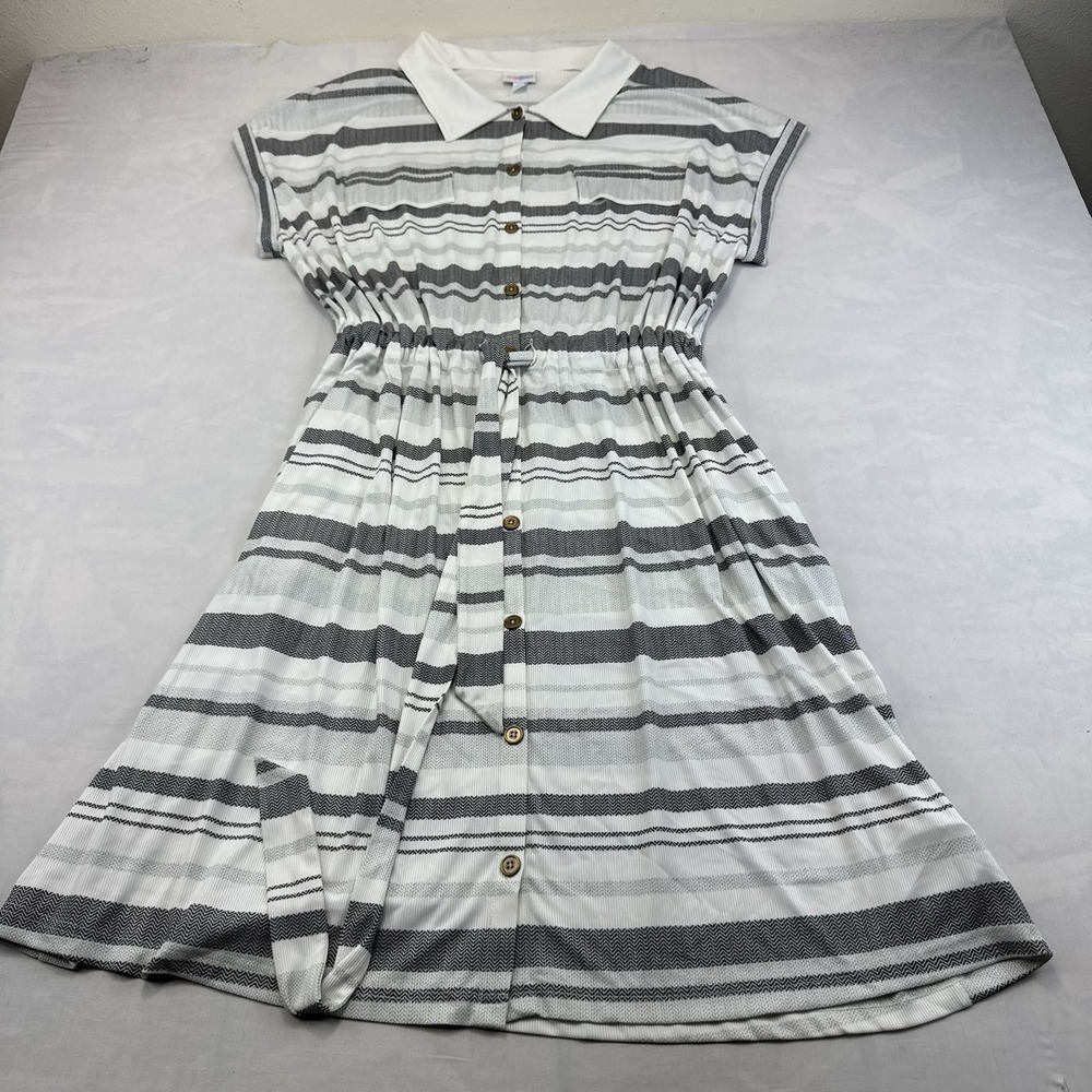 LuLaRoe Women's 2XL Gray White Striped Button Front Shirt Dress NWT